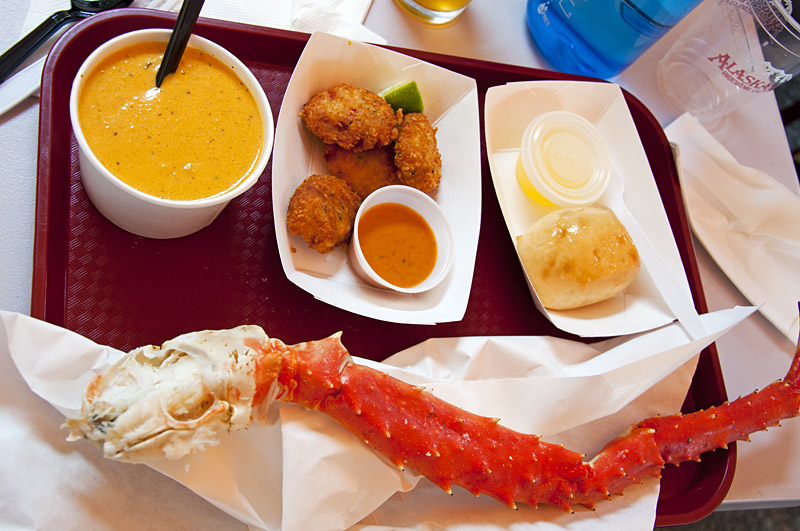 Fresh king crab leg, crab bisque, crab fritters